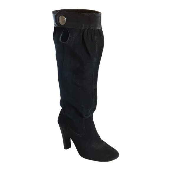 Michael Kors Slouchy Tall Black Suede Leather Heel Boots 5.5 Round Toe Zip Boho - Picture 1 of 12